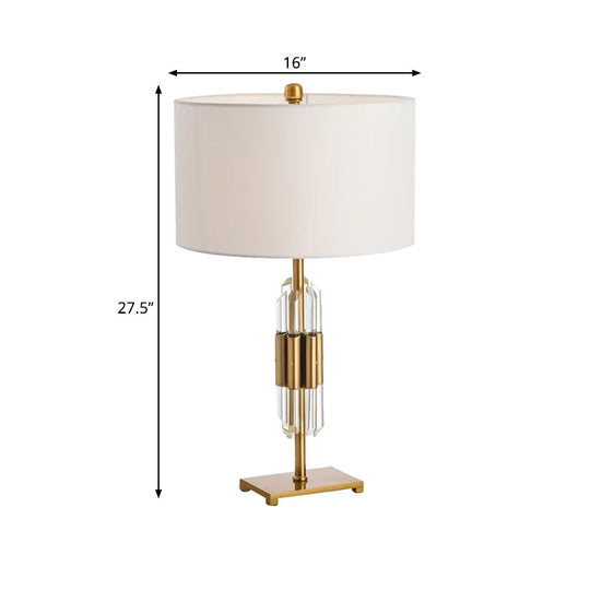 Postmodern Crystal Rod Nightstand Lamp With White And Gold Base Drum Fabric Shade