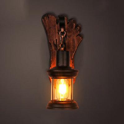 Coastal Clear Glass Rust Sconce Lamp With Footprint Wooden Backplate Caged Living Room Wall Light
