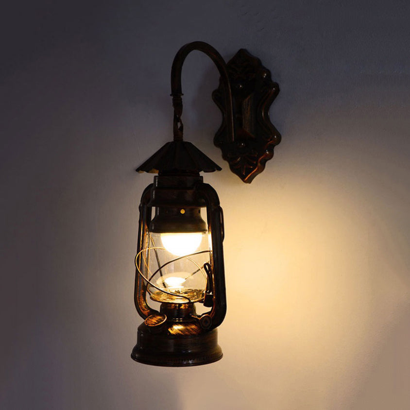Antique Bronze Sconce Light Lantern - Clear Glass Industrial Wall Lamp