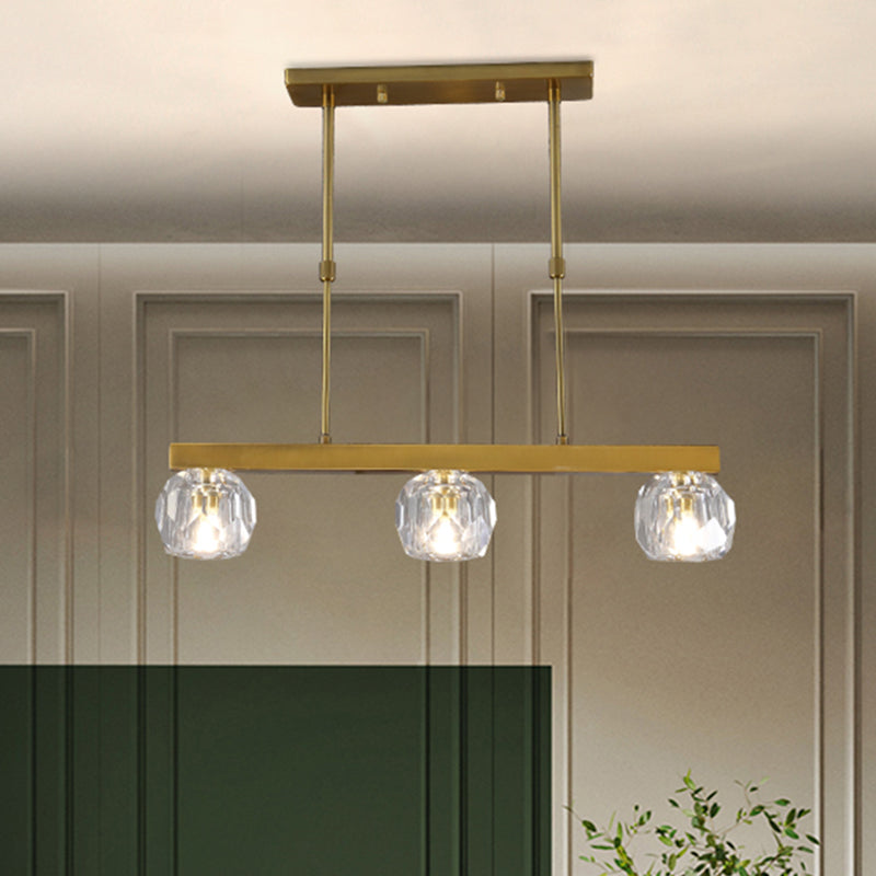 Minimalist Gold Island Pendant Light With Faceted Crystal Sphere And Linear Design - 3/4 Lights