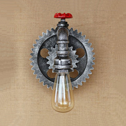 Iron Wall Lamp With Vintage Industrial Gear Design And Bare Bulb - Aged Silver
