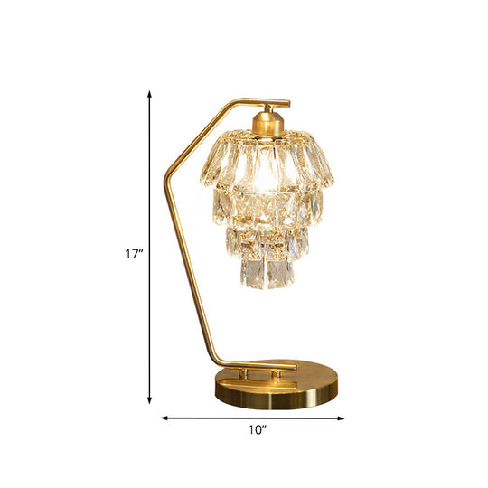 Contemporary Tiered Crystal Nightstand Lamp With Angled Arm 1 Light Brass Finish