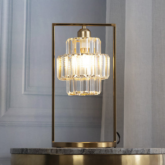 Sleek Crystal Table Lamp: Clear Tiered Round Light With Simplicity Brass Finish And Rectangular