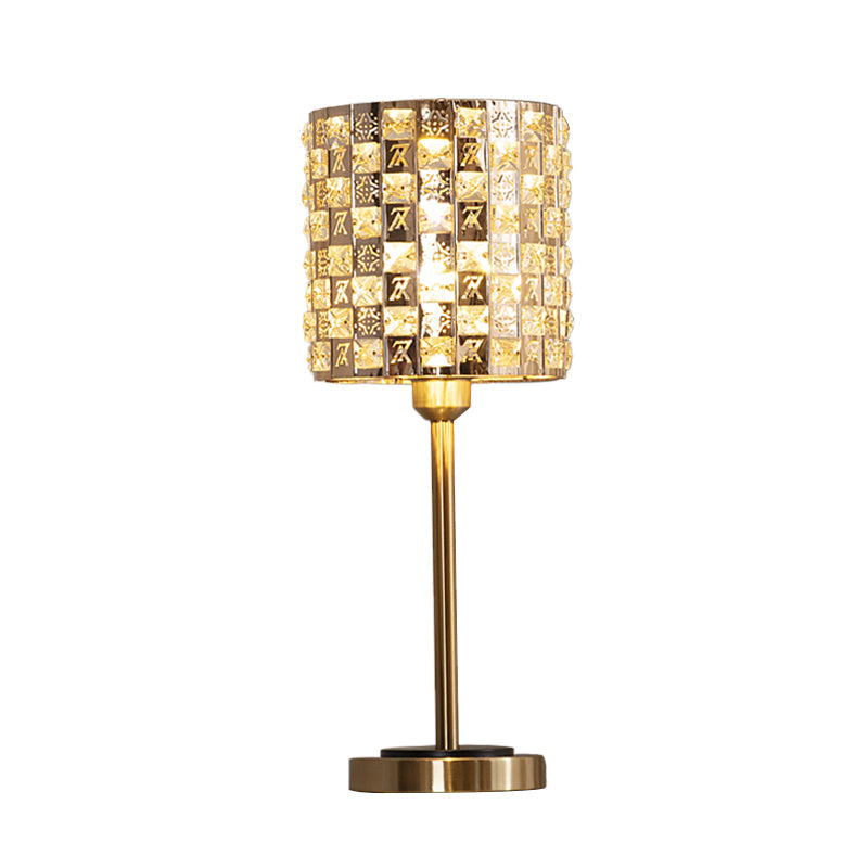 Brass Crystal Nightstand Lamp: Minimalist Cylindrical Insert Bedside Lighting With 1 Bulb