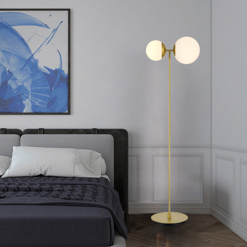 Opal Glass Standing Up Floor Lamp With 2-Head Bedroom Lighting In Gold
