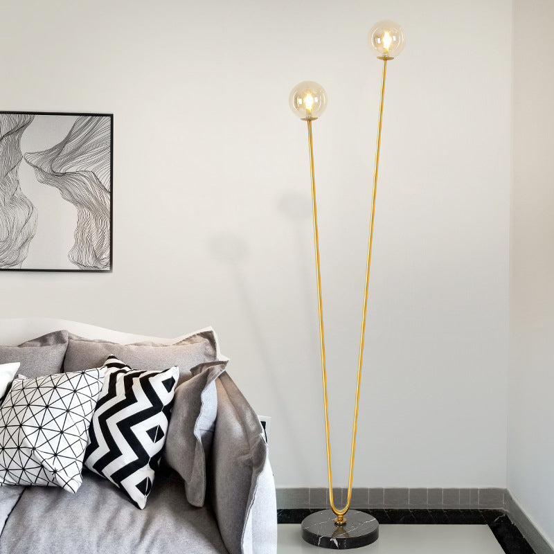 Modernist Metallic Gold Led Floor Reading Lamp With U-Shaped Design And Globe Glass Shade