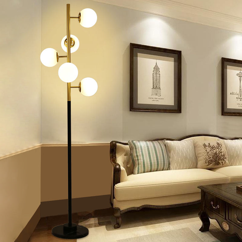 Modern Black-Gold Tree Floor Lamp With 5-Bulb Metal Stand And Beige/Milk White Glass Shade / Milk
