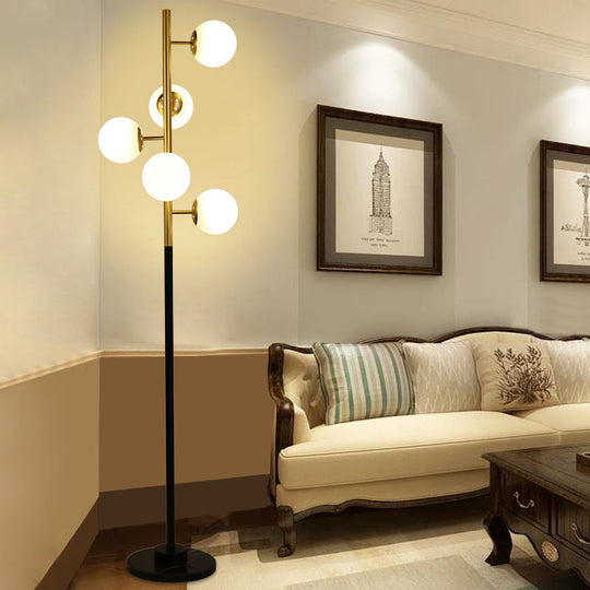 Modern Black-Gold Tree Floor Lamp With 5-Bulb Metal Stand And Beige/Milk White Glass Shade / Milk