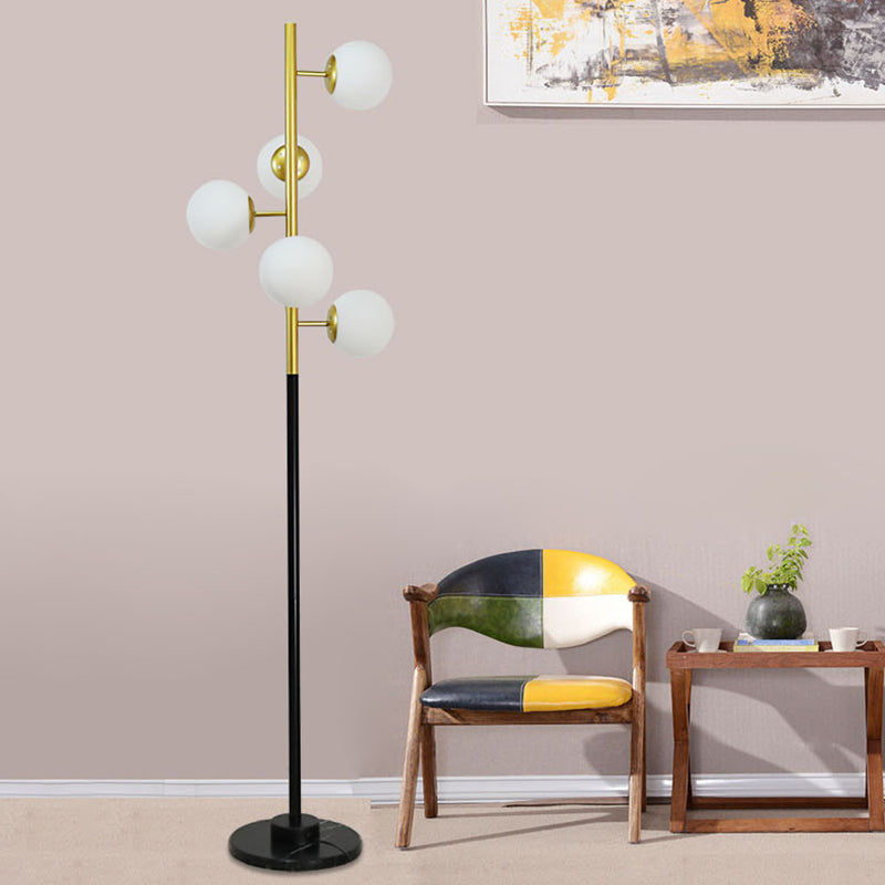 Modern Black-Gold Tree Floor Lamp With 5-Bulb Metal Stand And Beige/Milk White Glass Shade