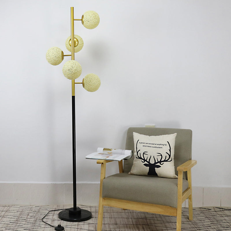 Modern Black-Gold Tree Floor Lamp With 5-Bulb Metal Stand And Beige/Milk White Glass Shade / Beige