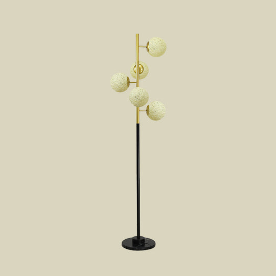 Modern Black-Gold Tree Floor Lamp With 5-Bulb Metal Stand And Beige/Milk White Glass Shade