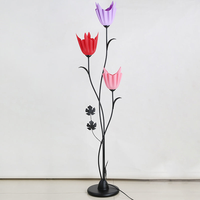 Sleek Black Floral Stand Up Lamp: Elegant 3-Bulb Metal Floor Light For Bedrooms