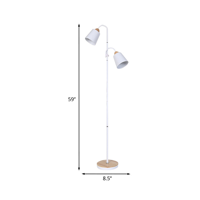 Nordic Style Metallic Standing Floor Lamp For Study Room - White Trumpet-Like Design 2 Bulbs