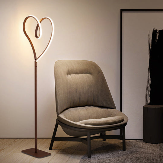Modern Led Metal Floor Reading Lamp With Heart-Shaped Stand Coffee Finish / Warm