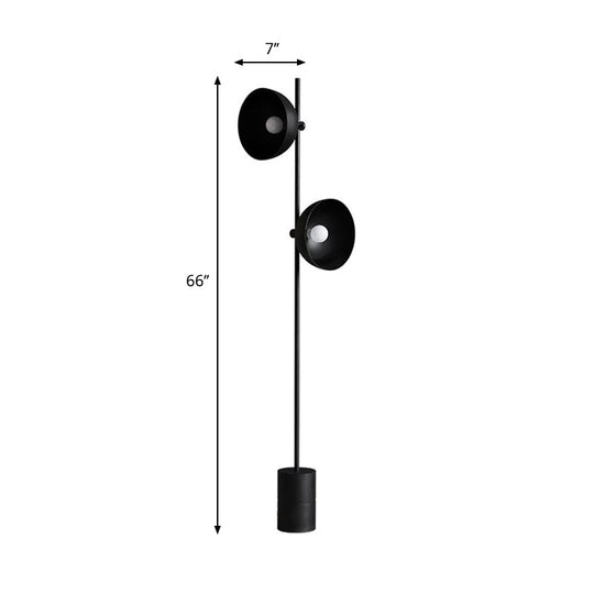 Minimalist Metal Shade Black Finish Reading Floor Lamp With 2 Bulbs