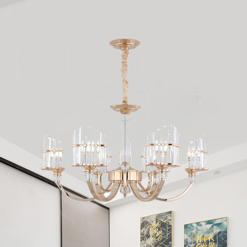 Modern Gold Swoop Arm Chandelier With Crystal Prisms - 6-Light Dining Table Suspension Lamp
