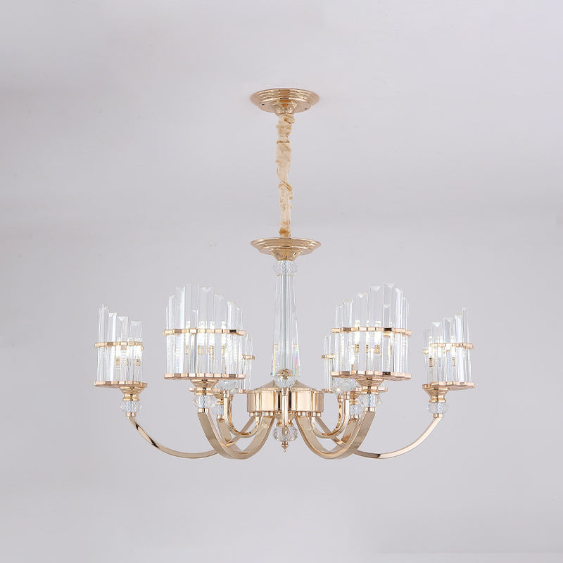 Modern Gold Swoop Arm Chandelier With Crystal Prisms - 6-Light Dining Table Suspension Lamp