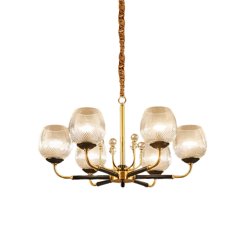 Up Chandelier In Brass: Ribbed Glass Snifter Cup Pendant Lamp - Postmodern 3/6 Heads For Dining Room