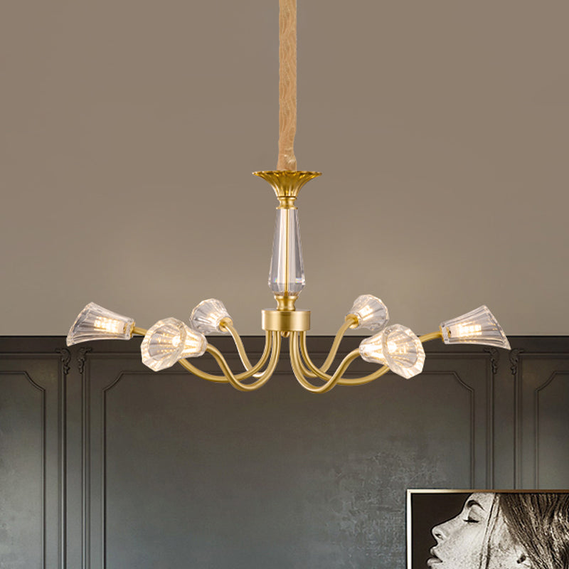 Postmodern Gold Ribbed Crystal Cone Chandelier - 6-Head Burst Design Hanging Light Fixture