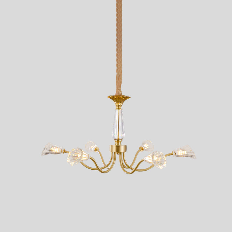 Postmodern Gold Ribbed Crystal Cone Chandelier - 6-Head Burst Design Hanging Light Fixture
