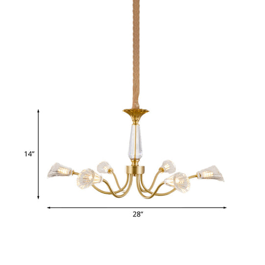 Postmodern Gold Ribbed Crystal Cone Chandelier - 6-Head Burst Design Hanging Light Fixture