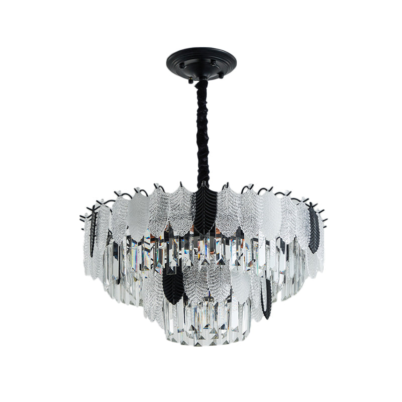Modernist Crystal Tiered Ceiling Chandelier - 11 Lights Black Hanging Light Kit With Leaf Acrylic