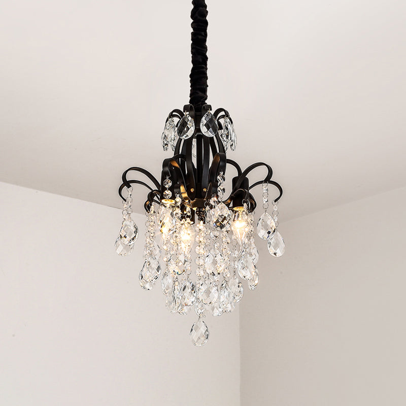 Modernist Black Candelabra Chandelier With Crystal Drops - 3 Head Pendant Light