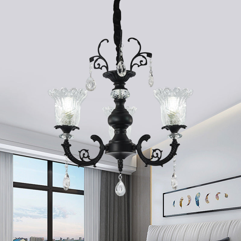Modern Black Crystal Glass Chandelier Lamp With Flower Design - 3-Light Suspension For Bedroom