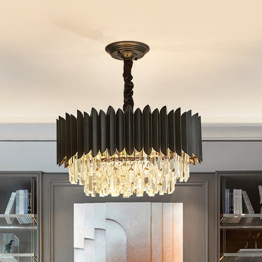 Modern Drum Crystal Prisms Chandelier - 4-Bulb Black Living Room Hanging Pendant Light