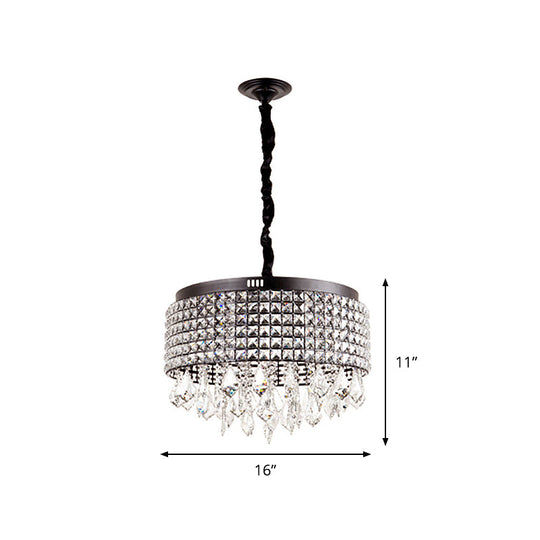 Modernist Black Crystal Drum Chandelier - 5-Light Suspension Lamp with Droplet, Stylishly Encrusted
