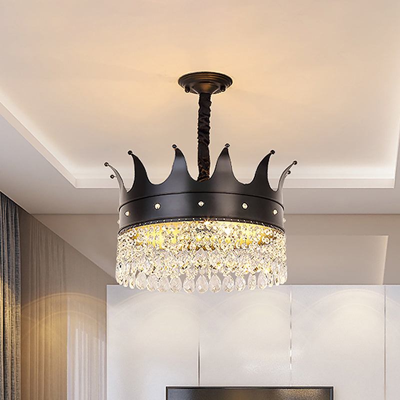 Contemporary 4-Bulb Black Pendant Chandelier with Crystal Droplet - Crown Shape Metal Suspension Lighting
