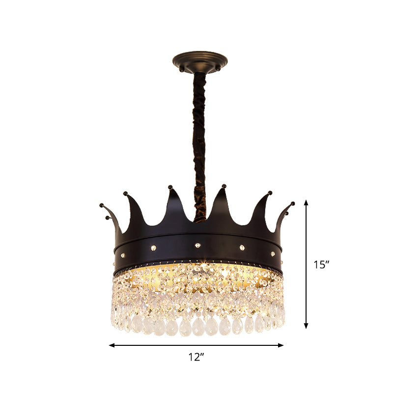 Modern Crown-Shaped Black Pendant Chandelier With Crystal Droplets - 4-Bulb Metal Suspension