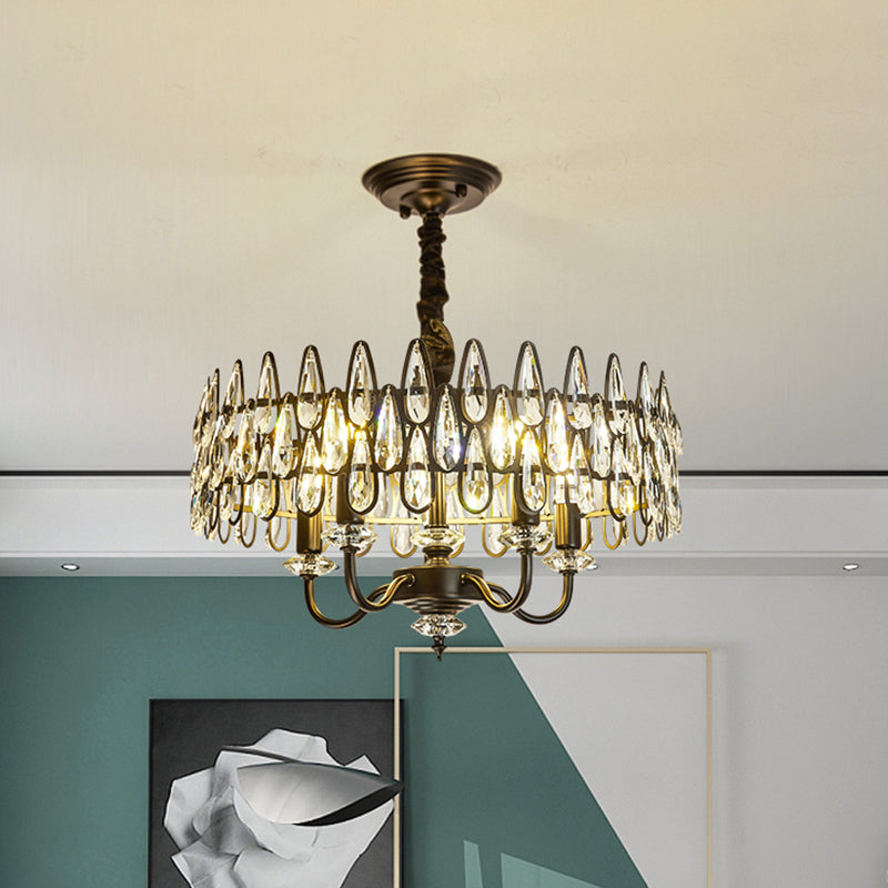 Modern Black Teardrop Ceiling Chandelier With Drum Design - 4-Light Crystal Pendant Lamp