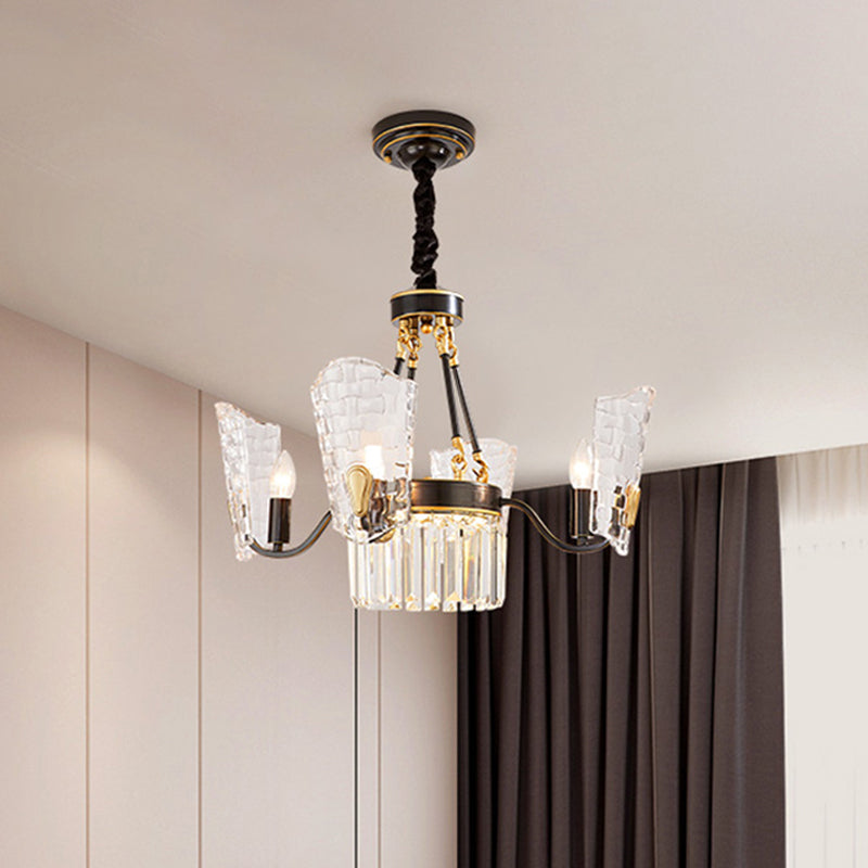 Modern Black & Gold 4-Bulb Pendulum Chandelier With Clear Crystal Shade For Dining Room