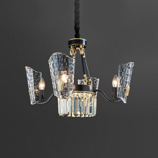 Modern Black and Gold Chandelier with Clear Crystal Shade - 4 Bulb Dining Room Pendulum Light