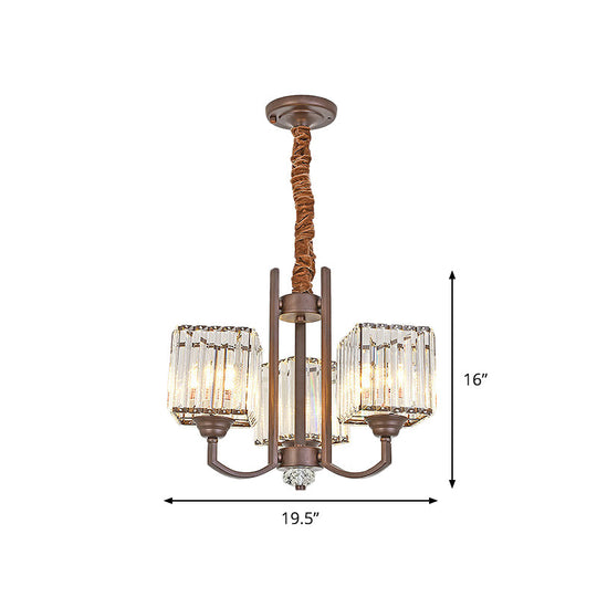 Cuboid Crystal Block Chandelier - Modernist Pendant Lamp with 3/6 Lights for Dining Room in Coffee color
