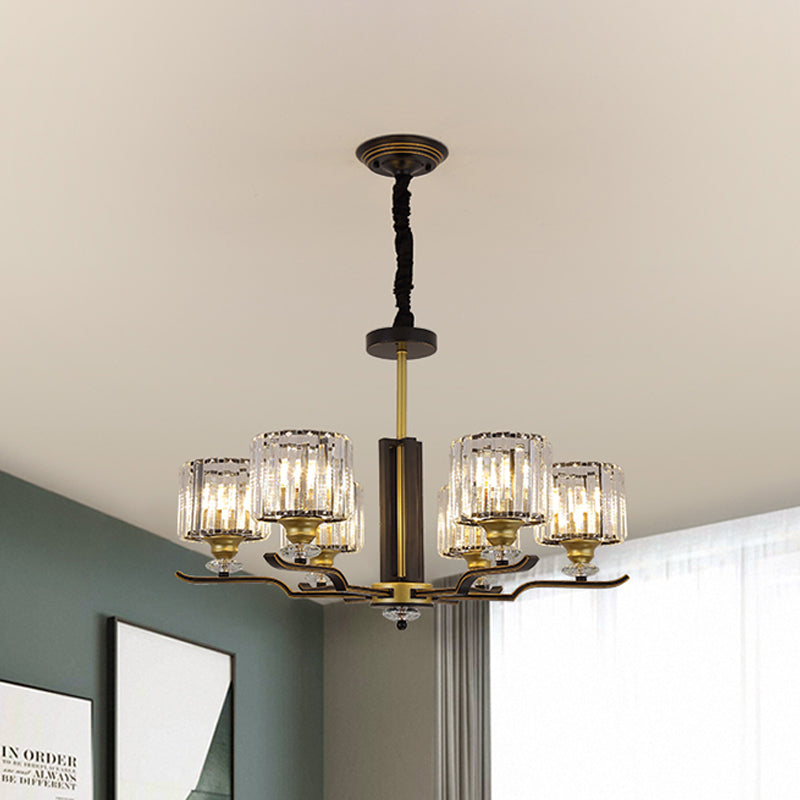 Modern Hanging Crystal Block Chandelier with Black & Gold Accents - 3/6 Heads Pendant Light