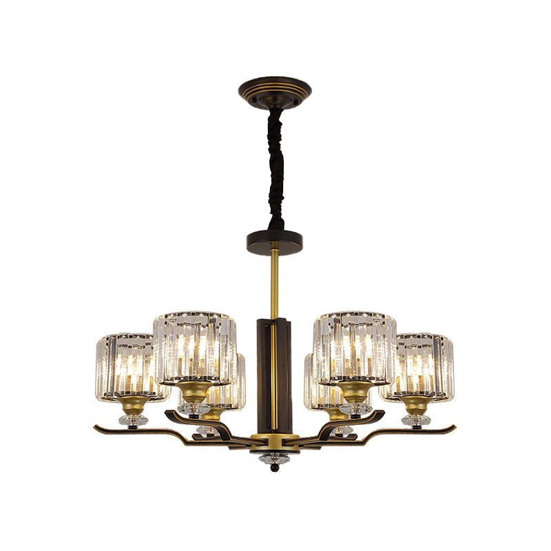 Modern Hanging Crystal Block Chandelier with Black & Gold Accents - 3/6 Heads Pendant Light