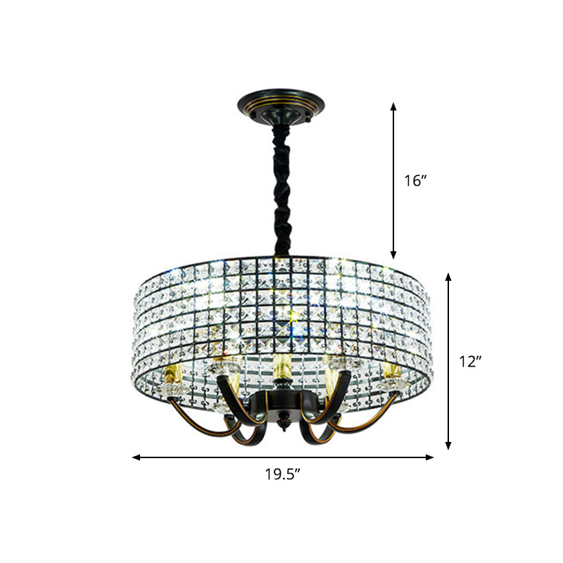 Minimalist Black Drum Chandelier Pendant Light with Crystal Embellishments - 6-Light Dining Room Hanging Lamp