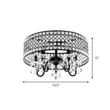 Sleek Black Metal Flush Mount Light With Crystal Drum Shade - Modern 4 Bulb Semi Lamp