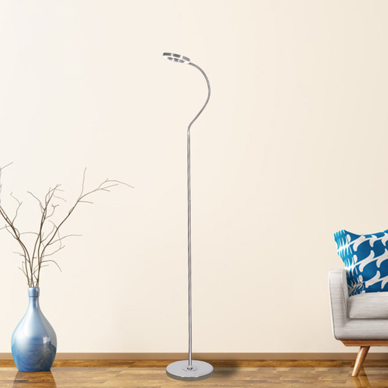 Simplicity Led Silver Floor Reading Lamp With Gooseneck Arm - Metal Ring Round Shade Stand Up Light