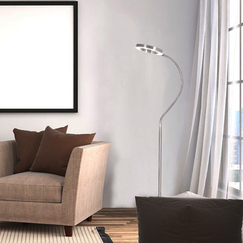 Simplicity Led Silver Floor Reading Lamp With Gooseneck Arm - Metal Ring Round Shade Stand Up Light
