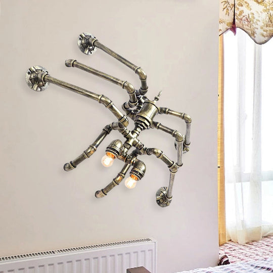 Industrial Style Bronze/Silver Water Pipe Wall Lamp With Spider Design - 2 Bulbs Iron Mount Lighting