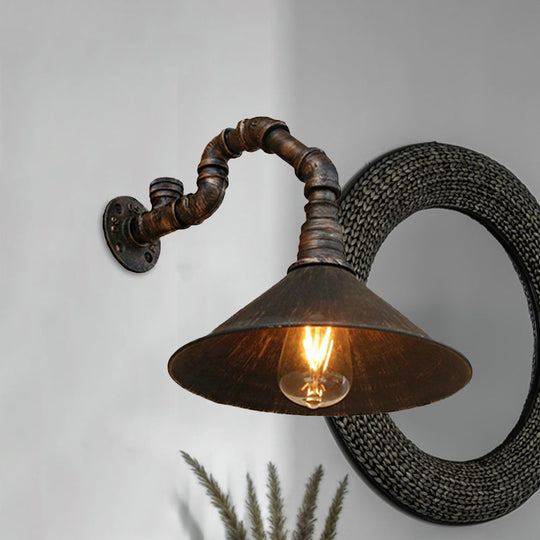 Farmhouse Style Antique Brass Wall Sconce With Metallic Cone & Pipe - 1 Head Dining Room Lighting