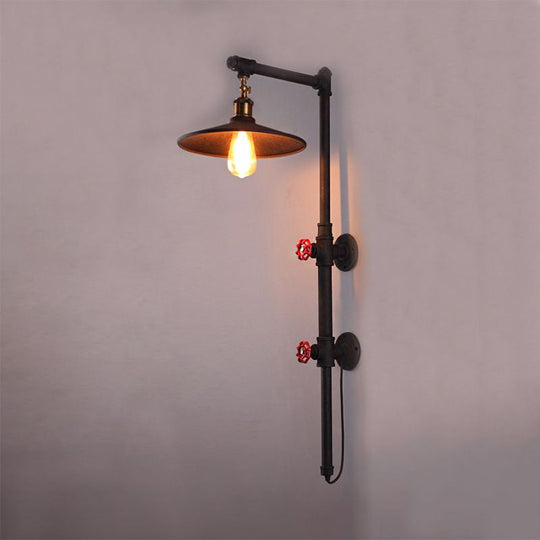 Industrial Style Flat Wall Sconce: 1-Light Black Metallic Pipe And Angle Arm Lamp