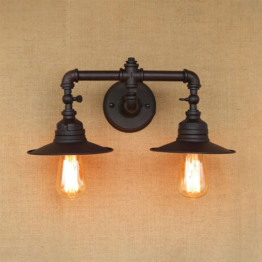 Industrial Metal Wall Lamp Sconce With Flared Shade 2 Lights Black Finish