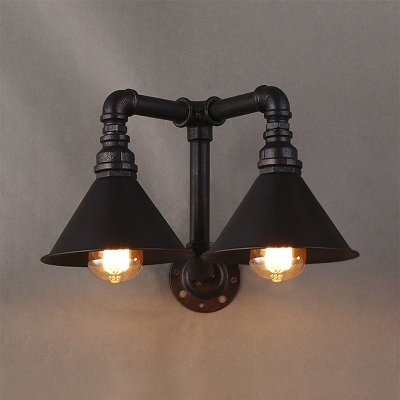 Vintage Cone Wall Lamp - 2-Light Metallic Sconce In Black 14.5/18.5 Width