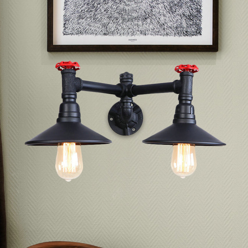 Industrial Style Sconce Light With Cone Shade Valve Wheel And Pipe In Black (2 Bulbs)