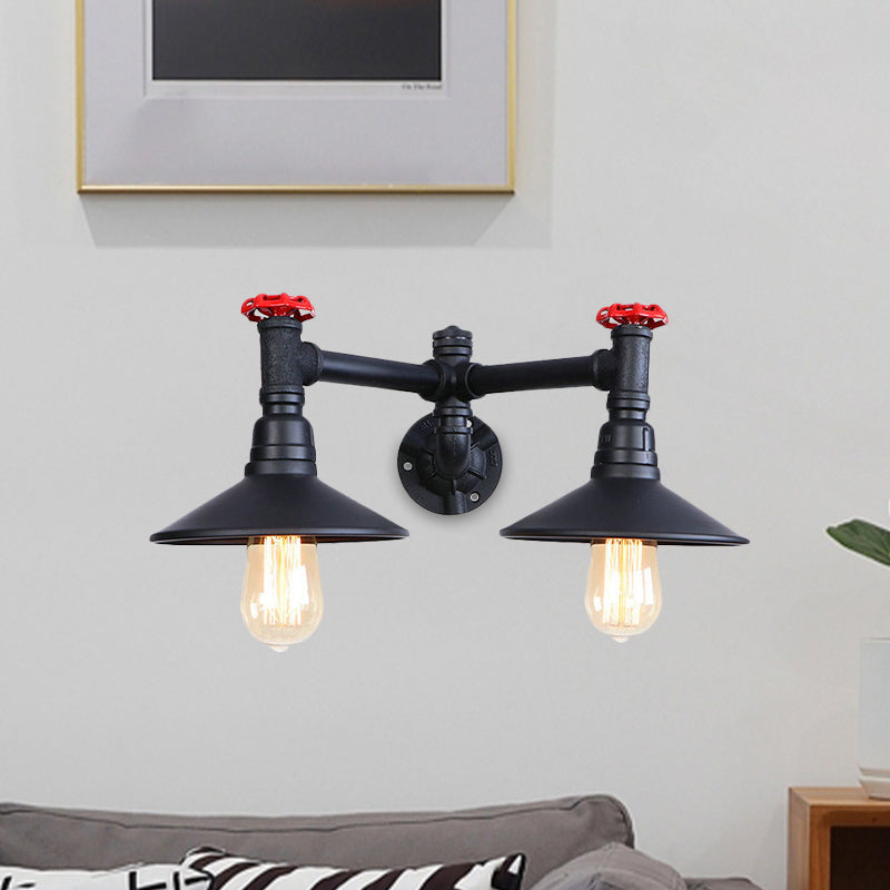 Industrial Style Sconce Light With Cone Shade Valve Wheel And Pipe In Black (2 Bulbs)