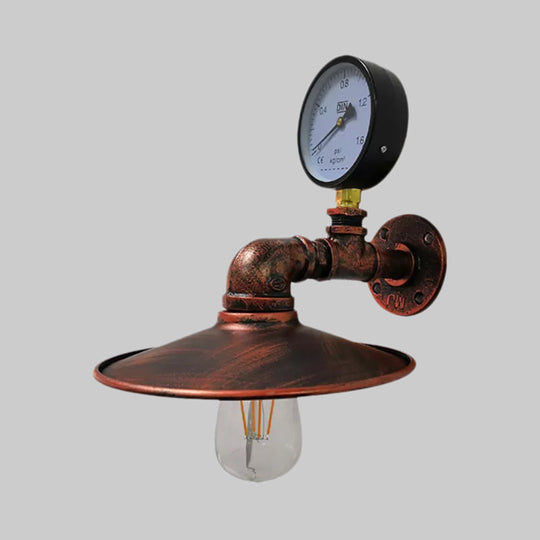 Vintage Industrial Flared Wall Sconce Lamp With Gauge Deco - Black/Copper Metallic